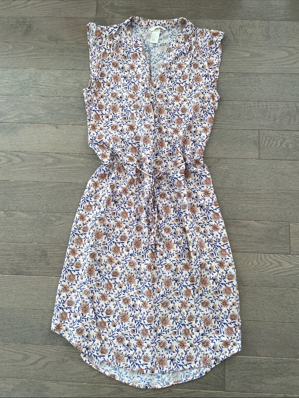 H&M Cream Blue Floral Sleeveless Dress Rounded Hem Midi Size 6